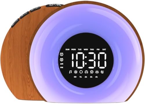 Wake Up Light Sunrise Alarm Clock for Bedroom Sunrise Sunset Simulation 23 Natural Sounds 13 Colors Night Light Dual Alarms and Snooze Sleep Aid for Heavy Sleepers Kids Adults (Wood Grain) by OrangeLight
