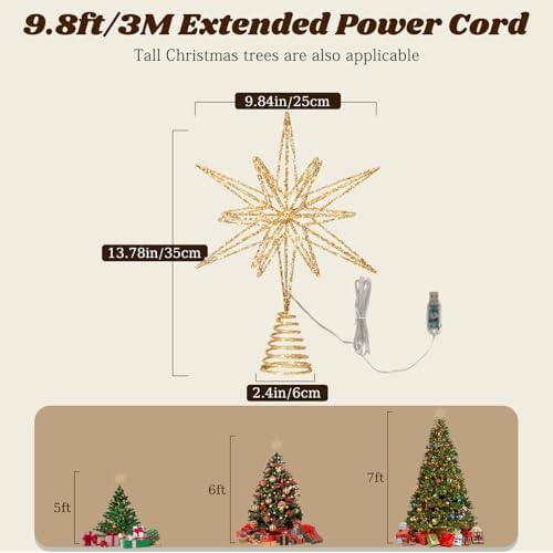 Lewondr Christmas Tree Topper, 14" Lighted 3D Geometric Star Treetop, Gold - Image 6