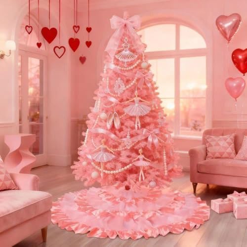 yuboo 48 Inch Pink Ruffle Tree Skirt for Fall Decorations, Pastel Tree Skirt for Wedding, White & Pink Layered Skirt for Artificial Trees, Seasonal Home Decor - Image 3