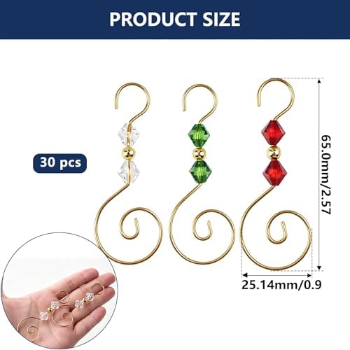 30 PCS Christmas Ornament Hooks, S-Shaped Gold Metal Wire Hangers with 3 Colors Crystal Beads ?€? for Tree Decor, Suncatcher, Party Crafts - Image 2