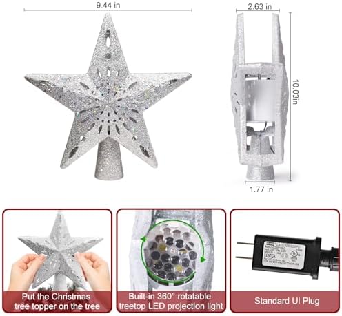 Wninbu Christmas Tree Topper Star Lighted with 6 Projection Modes,Christmas Star Tree Topper Projector Built-in LED Rotating Lights,3D Glitter Dynamic Projector Party Christmas Decorations (Silver) - Image 4