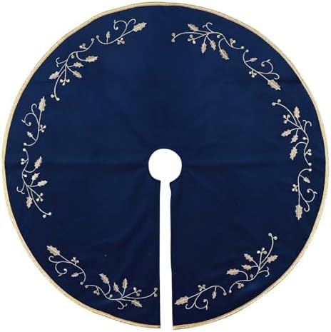 Bunny Chorus Christmas Tree Skirt, 36 inches Large Velvet Fur Plush Blue Tree Skirt, Xmas Tree Skirts with Gold Embroidered Holly Leaf for Merry Christmas Party Christmas Tree Decorations - Image 2