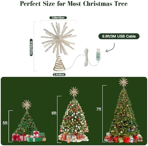 Lewondr Crystal Christmas Starburst Tree Topper with Lights, Gold - Image 6