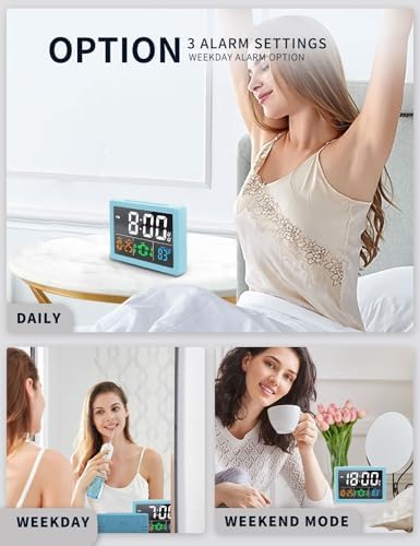 JALL Digital Clock with Date Day for Seniors, Electric Alarm Clocks for Bedrooms with Temperature, 2 Alarms, Dimmer, Dual USB Charger, Battery Backup, Volume Control, Snooze, Bedside Desk Clock, Blue - Image 5