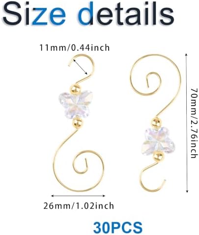 INCREWAY 30PCS Christmas Ornament Hooks with Butterfly Bead, S-Shaped Decorative Hangers Gold Metal Wire Transparent Acrylic Beads for Christmas Tree Decorations Party Crafts Door Frame - Image 2