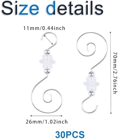 INCREWAY 30PCS Christmas Ornament Hooks with Snowflake Bead, S-Shaped Decorative Hangers Silver Metal Wire Transparent Acrylic Beads for Christmas Tree Decorations Party Crafts Door Frame - Image 2