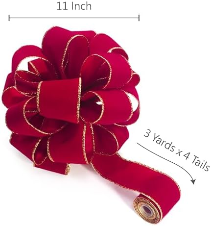 Christmas Tree Topper Bow - Bow: 11" sq. - Tails: 3 Yards Long Each - Velvet Red - Image 4