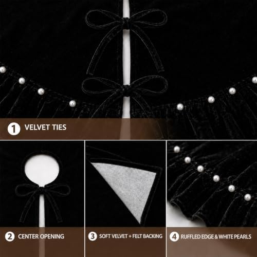 Black Velvet Christmas Tree Skirt 60 Inch – Pearl Beaded Ruffle Trim Xmas Tree Skirt with Bows, Festive Christmas Tree Base Cover for Holiday Party Home Decorations - 150cm - Image 4