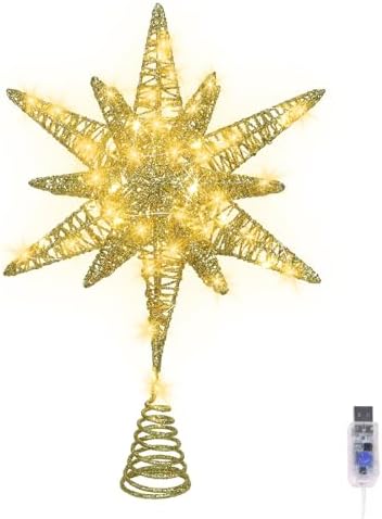 HMASYO 15 Inch Gold Star Tree Topper Lights, 18-Point Christmas Tree Star Topper with 60 LED, Remote Control & Timer, USB Powered for Indoor Home Holiday Party Xmas Tree Decorations by HMASYO