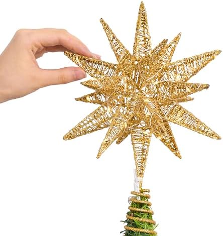JOIEDOMI 7.8" Metal 3D Star Christmas Tree Topper Golden Glitter Decorations with 56 LED Warm White with Plug Timer Ornaments Treetop Home Holiday Party Indoor Decor - Image 3