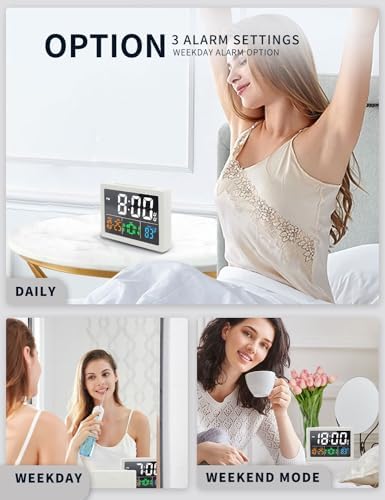 JALL Digital Clock with Date Day for Seniors, Electric Alarm Clocks for Bedrooms with Temperature, 2 Alarms, Dimmer, Dual USB Charger, Battery Backup, Volume Control, Snooze, Bedside Desk Clock, White - Image 5