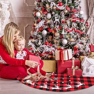 48 Inches Red Black Buffalo Plaid Christmas Tree Skirt Rustic Thick Xmas Tree Skirt with Snowflake Elk and Santa Claus Winter Happy New Year Decoration for Home Holiday Party - Image 4