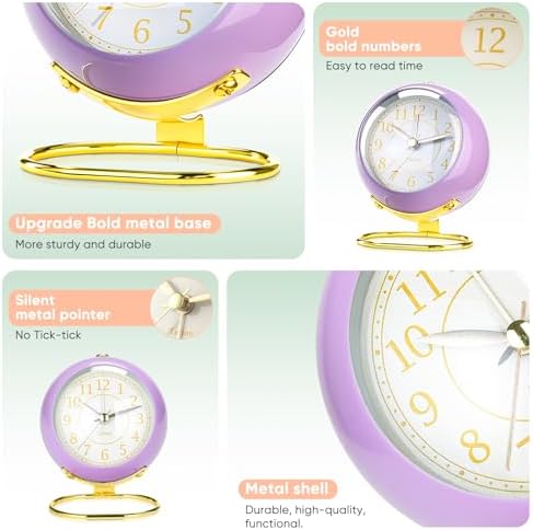 Tetino Analog Alarm Clocks,Retro Backlight Cute Simple Design Small Desk Clock with Night Light,Silent Non-Ticking,Battery Powered,for Kids,Teens,Bedroom,Travel,Kitchen,Bedside Desk Decor. (Purple) - Image 4
