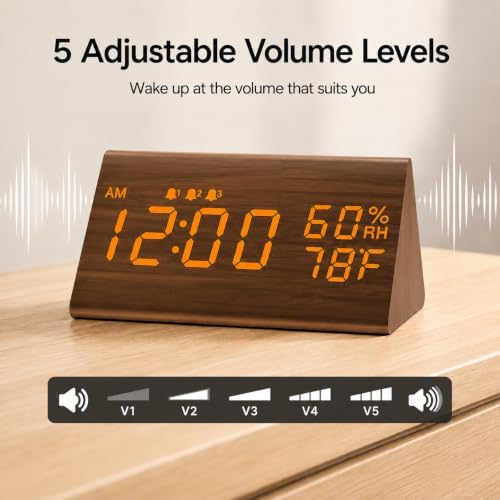 JALL Wooden Digital Alarm Clock for Bedrooms and Office, 3 Alarms with Big Digits, Humidity and Temperature Display, 6-Level Dimmer, Snooze, Loud Desk Clock for Heavy Sleepers, Plug in (Brown) - Image 5