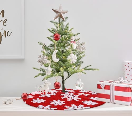 Small Tree Skirt Red Christmas Tree Skirt 24 inch Faux Fur Snowflakes Round Xmas Tree Skirt for Indoor Outdoor Party Christmas Tree Decorations - Image 2