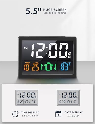 JALL Digital Clock with Date Day for Seniors, Electric Alarm Clocks for Bedrooms with Temperature, 2 Alarms, Dimmer, Dual USB Charger, Battery Backup, Volume Control, Snooze, Bedside Desk Clock, Black - Image 2
