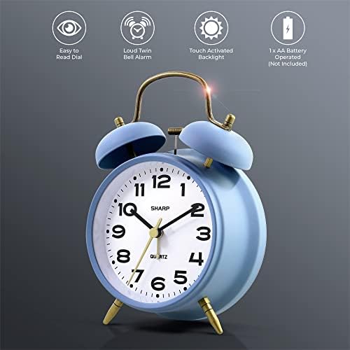 Sharp 4-Inch Twin Bell Alarm Clock for Heavy Sleepers, Cornflower Blue - Image 2