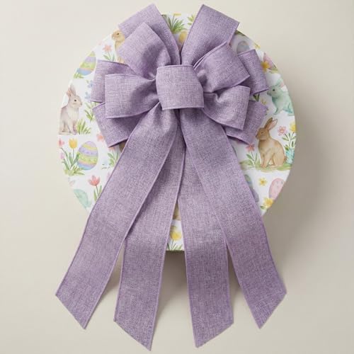 Purple Large Bow for Wreath Tree Topper 11x21 Inch Linen Texture Wired Ribbon Big Bows for Front Door Spring Easter Halloween Decor Gift - Image 3