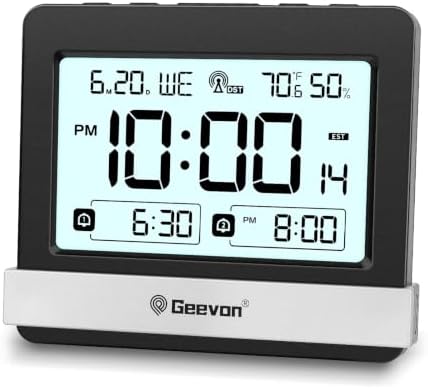 Geevon Atomic Travel Alarm Clock with Indoor Temperature and Humidity | Auto DST Digital Desk Clock Portable Battery Operated with 2 Alarms, Snooze, Light, 3.7" Display for Bedroom Office Study by GEEVON