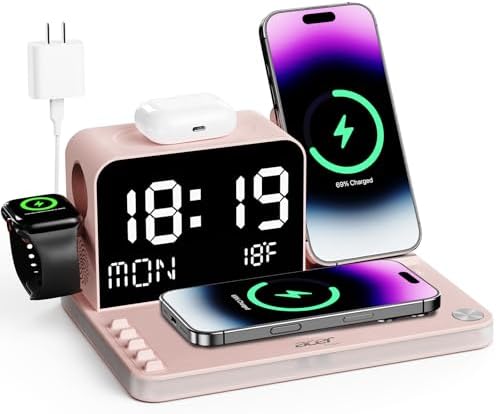 Acer 7-in-1 Wireless Charging Station with LED Clock - 30W Fast Wireless Charger for iPhone 16/15/14/13/12/Pro Max, Apple Watch, AirPods - Bluetooth Auto Time Sync & Night Lights (Pink) by Unknown