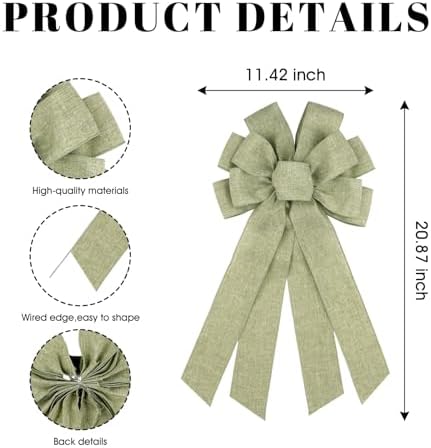 Mint Green Large Bow for Wreath Tree Topper 11x21 Inch Linen Texture Wired Ribbon Big Bows for Front Door Spring Easter Summer Decor Gift - Image 2