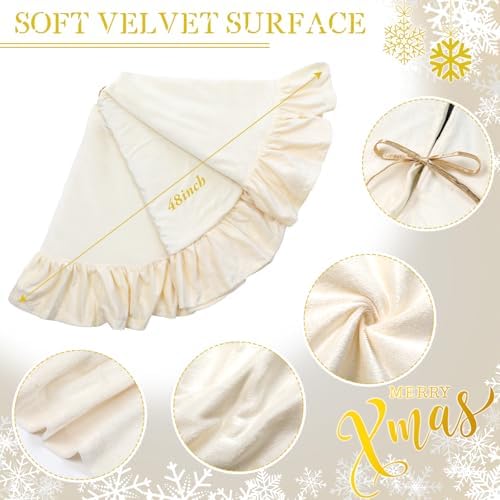 Velvet Christmas Tree Skirt, 48 Inches, Bow Style, Ivory White - Image 2