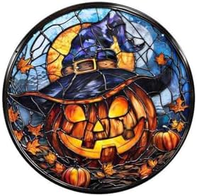 7.9inch Halloween Acrylic Stained Glass Window Hanging Decor Glow in Dark Spooky Pumpkin Wearing a Witch Hat Ornament with Metal Chain & Suction Cup Hook Wall Door Yard Pendant(B) by simplmasygenix