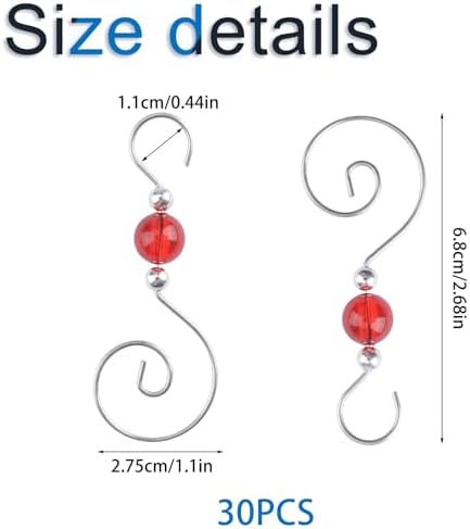 INCREWAY 30PCS Christmas Ornament Hooks, S-Shaped Metal Hooks, Decorative Hook with Crystal Beads for Hanging Ornaments, Decorations, Christmas Stockings - Image 2