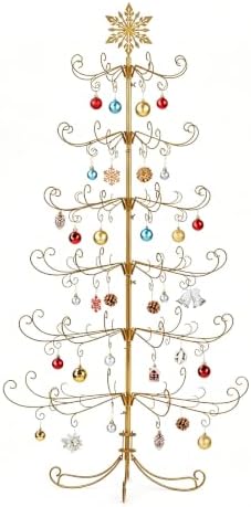 VINGLI 6ft Metal Christmas Ornament Tree Stand, Decorative Iron Display Tree w/ 192 Branches, Snowflake Topper, Ornament Display for Hanging Balls, Wrought Iron Xmas Tree Holiday Decorations, Gold by VINGLI