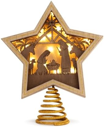 DEMDACO Lit Star Nativity Tree Topper, Gold Wooden Star, 10 x 8.5 in by DEMDACO