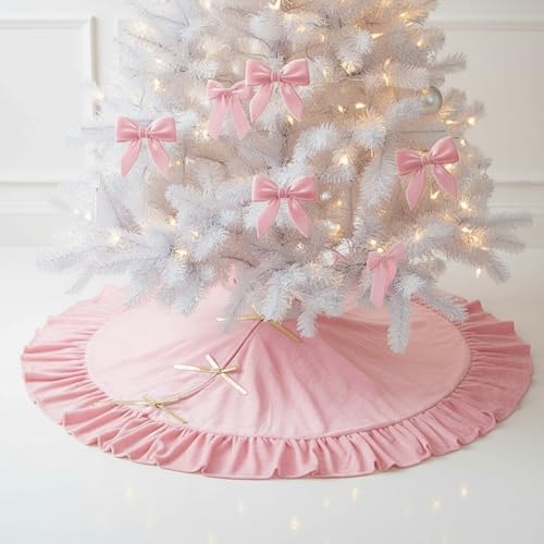 Velvet Christmas Tree Skirt, 48 Inches, Bow Style, Pink - Image 7