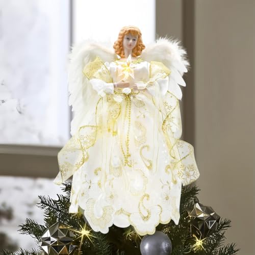 12" Lighted White Angel Christmas Tree Topper with Feather Wings - Image 6