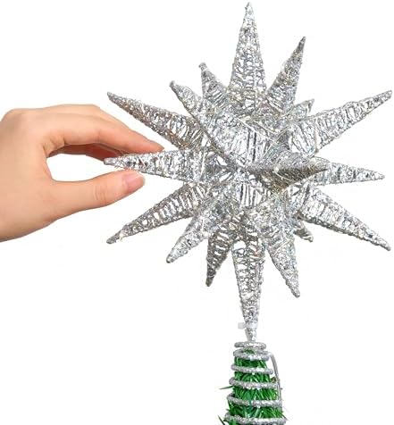 JOIEDOMI 7.8" Metal 3D Silver Glitter Star Christmas Tree Topper Decor, 56 LED Light with Plug Timer Ornaments Treetop Decorations Home Holiday Party Indoor - Image 3