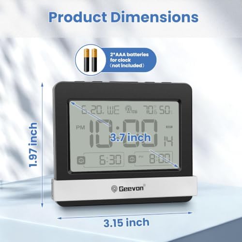 Geevon Atomic Travel Alarm Clock with Indoor Temperature and Humidity | Auto DST Digital Desk Clock Portable Battery Operated with 2 Alarms, Snooze, Light, 3.7" Display for Bedroom Office Study - Image 2