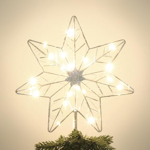YEAHOME Christmas Tree Topper, Silver Glittered Hollow 7-Point Star Tree Topper, Lighted Wire Star with 20 LED Lights for Christmas Treetop, Xmas Tree Topper with Timer, Christmas Tree Decorations by YEAHOME