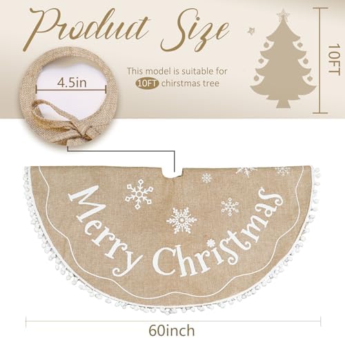 AerWo Burlap Christmas Tree Skirt, 60 Inches, Printed with White Snowflake and Merry Christmas Letter, Xmas Tree Decor for Indoor/Outdoor - Image 2