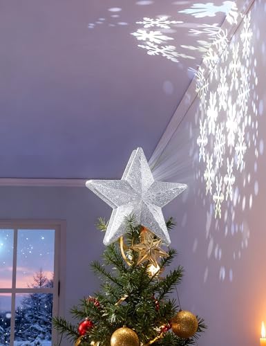 DG-Direct Christmas Tree Topper Lighted Star [Silver],3D Hollow Sparkling Star Christmas Tree Topper with Rotating Magic Cool White Snowflake Projector for Christmas Tree Ornament (Silver) - Image 5