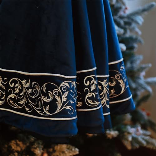 Christmas Tree Skirt 60 inch, Blue Luxury Velvet Plush Faux Fur Extra Large Skirts with Silver Embroidered Vintage Pattern, Classic Retro Christmas Tree Decorations Gifts - Image 3