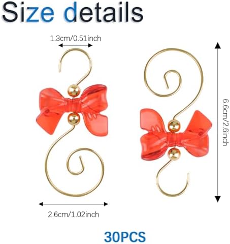 INCREWAY 30 Pcs Red Bow Ornament Hook Christmas Ornament Hook S-Shaped Hanger Crystal Jeweled Swirl for Crafts Xmas Decoration (Golden) - Image 2