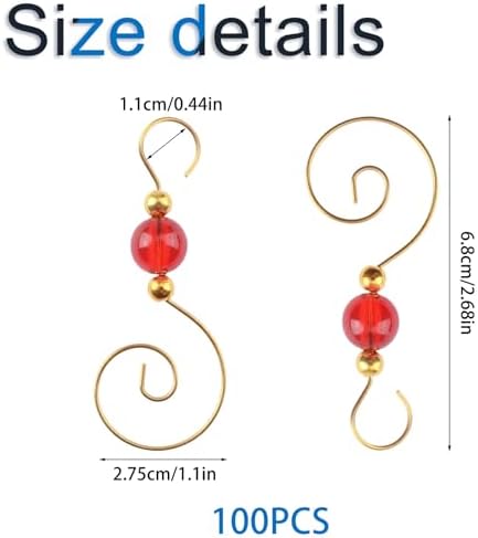INCREWAY 100PCS Christmas Ornament Hooks, S-Shaped Metal Hooks, Decorative Hook with Crystal Beads for Hanging Ornaments, Decorations, Christmas Stockings - Image 2