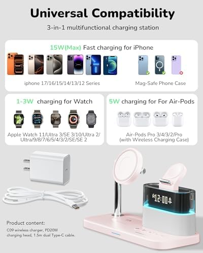 5 in 1 Mag-Safe Wireless Charger with Alarm Clock Night Light for Apple - Image 3