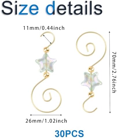 INCREWAY 30PCS Christmas Ornament Hooks with Pentagram Bead, S-Shaped Decorative Hangers Gold Metal Wire Light Green Acrylic Beads for Christmas Tree Decorations Party Crafts Door Frame - Image 2