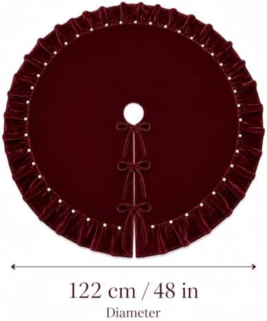 48-Inch Burgundy Ruffled Velvet Christmas Tree Skirt with Pearl-Trimmed Pleated Edge and 3 Bow Ties, Large Round Xmas Tree Base Cover for Holiday Home and Party Decor, 122 cm - Image 5