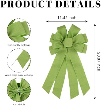 Bright Green Large Bow for Wreath Tree Topper 11x21 Inch Linen Texture Wired Ribbon Big Bows for Front Door Christmas St Patricks Decor Gift - Image 2