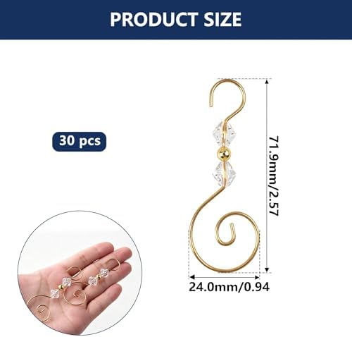 30 PCS Christmas Ornament Hooks, S-Shaped Gold Metal Wire Hangers with Crystal Beads ?€? Decorative for Tree Decor, Suncatcher, Party Crafts - Image 2