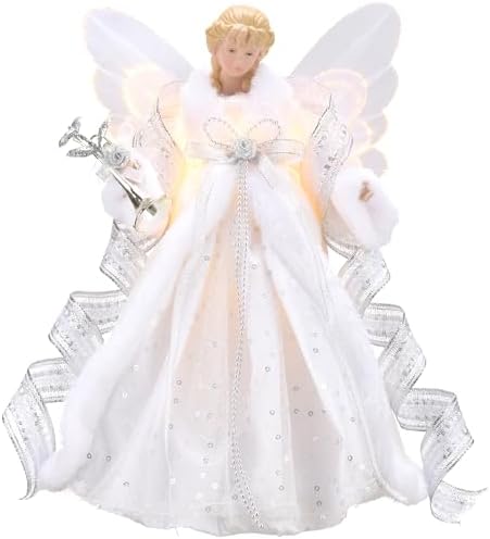Valery Madelyn Lighted Christmas Tree Topper Angel with Timer, 12 Inch White and Silver Fabric Small Angel Tree Topper with Lights for Christmas Tree Decoration Indoor, Battery Operated by ValeryMadelyn