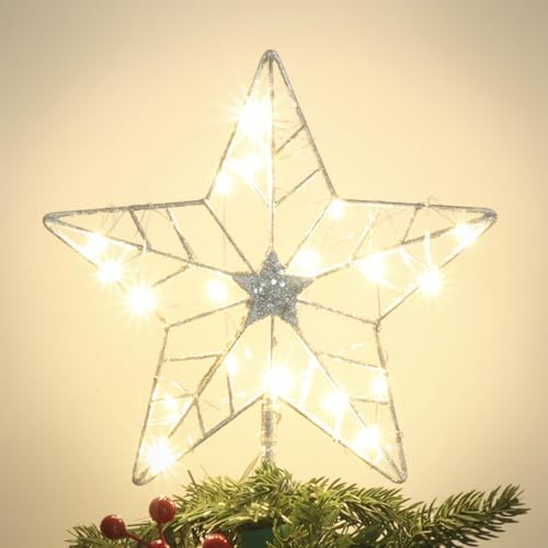 YEAHOME Christmas Tree Topper, Silver Glittered Hollow 5-Point Star Tree Topper for Christmas Tree Decorations, Lighted Wire Star with 20 LED Lights for Christmas Treetop, Xmas Tree Topper with Timer by YEAHOME