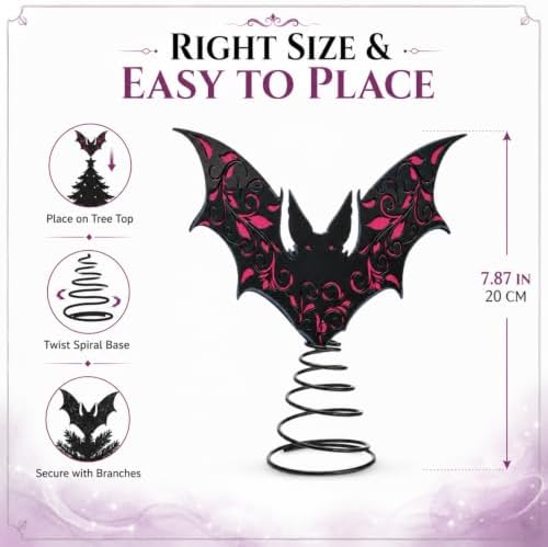 Halloscume 7.87 Inch Bat Tree Topper Gothic Metal Bat Christmas Tree Topper - Image 2