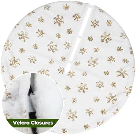 Christmas Tree Skirt 48 Inches Faux Fur Christmas Tree Skirt White with Gold Sequin Snowflakes Large Xmas Tree Skirt Christmas Tree Base Cover Party Decorations Ornaments - Image 4