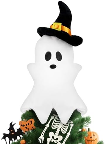 11.8'' White Ghost Plush Halloween Tree Topper with Witch Hat by Eyourlife
